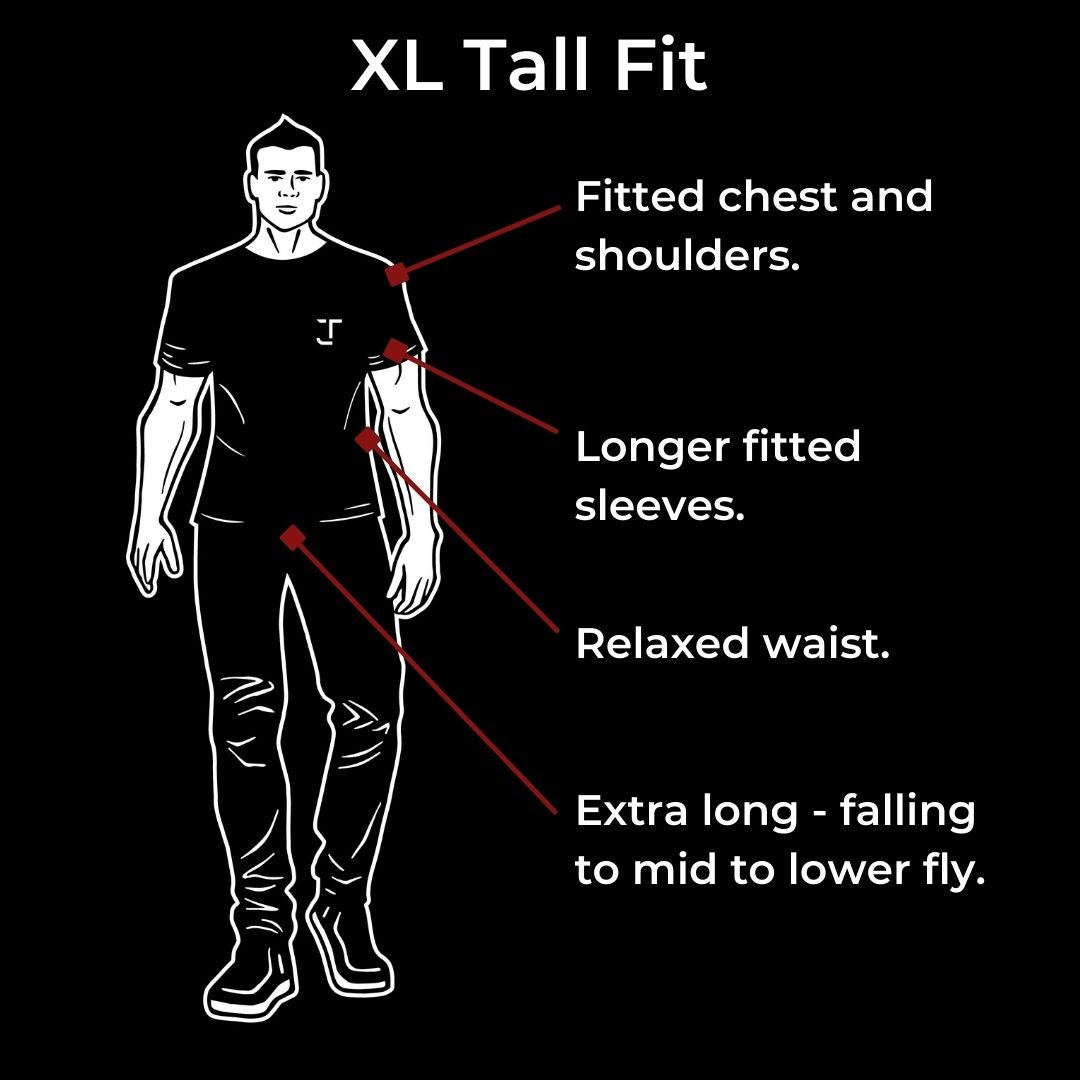 Our XL tall fit is fitted in the chest and shoulders, has a relaxed waist and has longer fitted sleeves. It's extra long - falling mid to low fly.